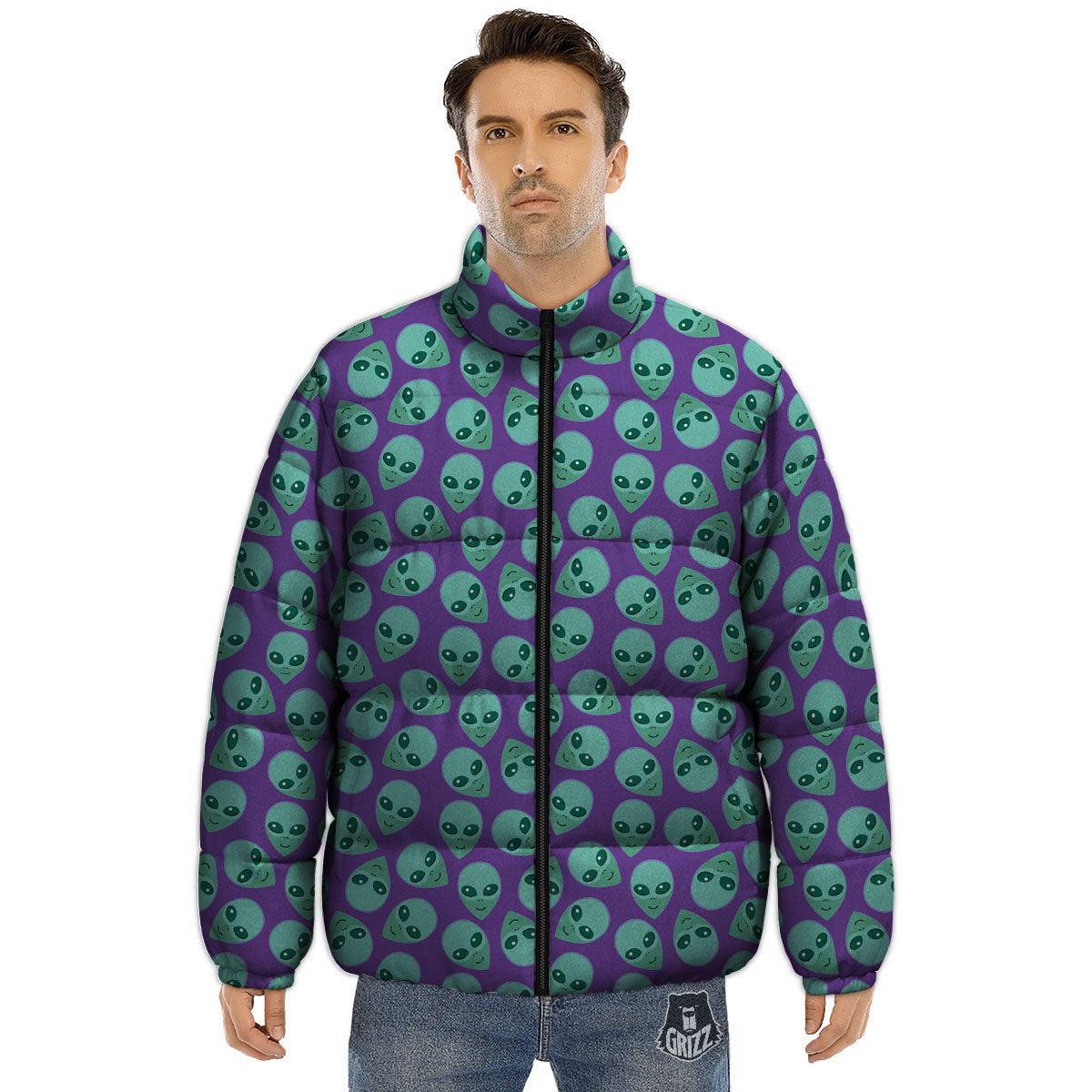 Alien Face Purple Print Pattern Puffer Jacket-grizzshop