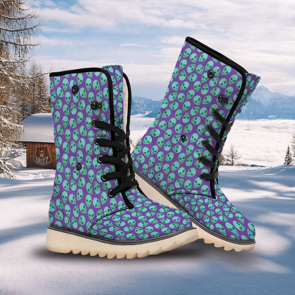 Alien Face Purple Print Pattern Snow Boots-grizzshop