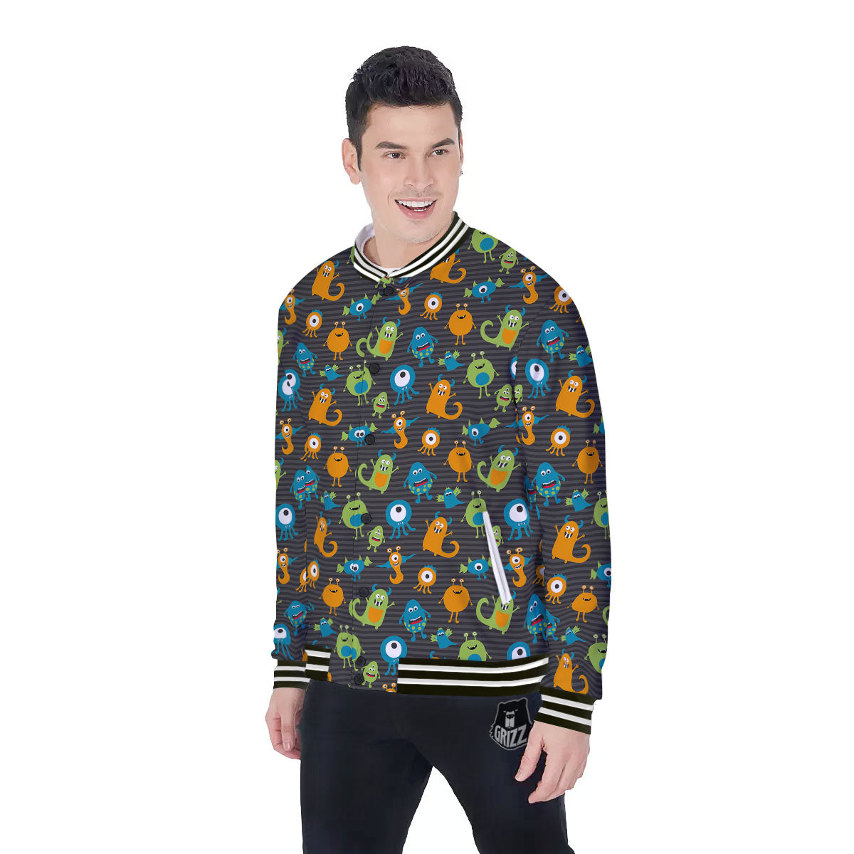 Alien Grey Striped Print Pattern Baseball Jacket-grizzshop