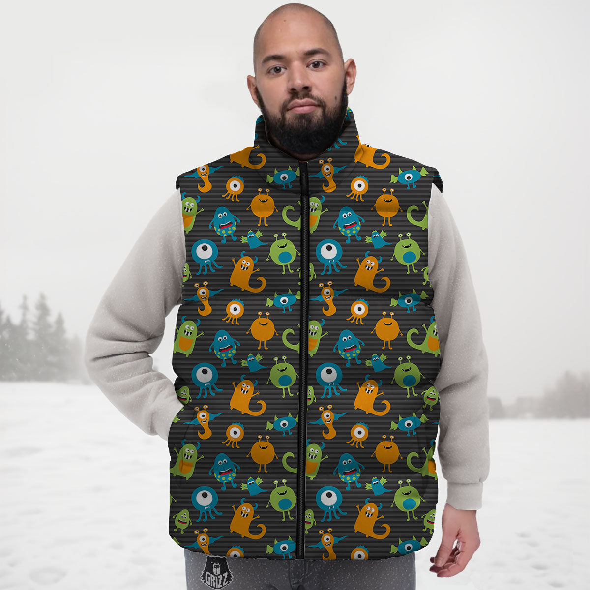 Alien Grey Striped Print Pattern Down Vest-grizzshop