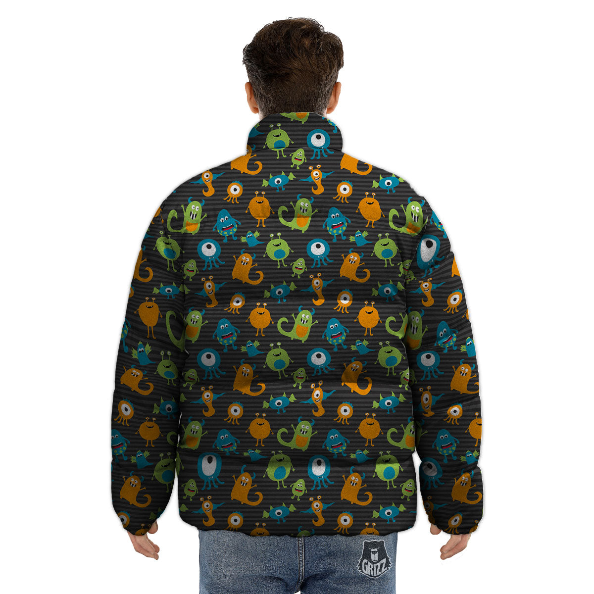 Alien Grey Striped Print Pattern Puffer Jacket-grizzshop