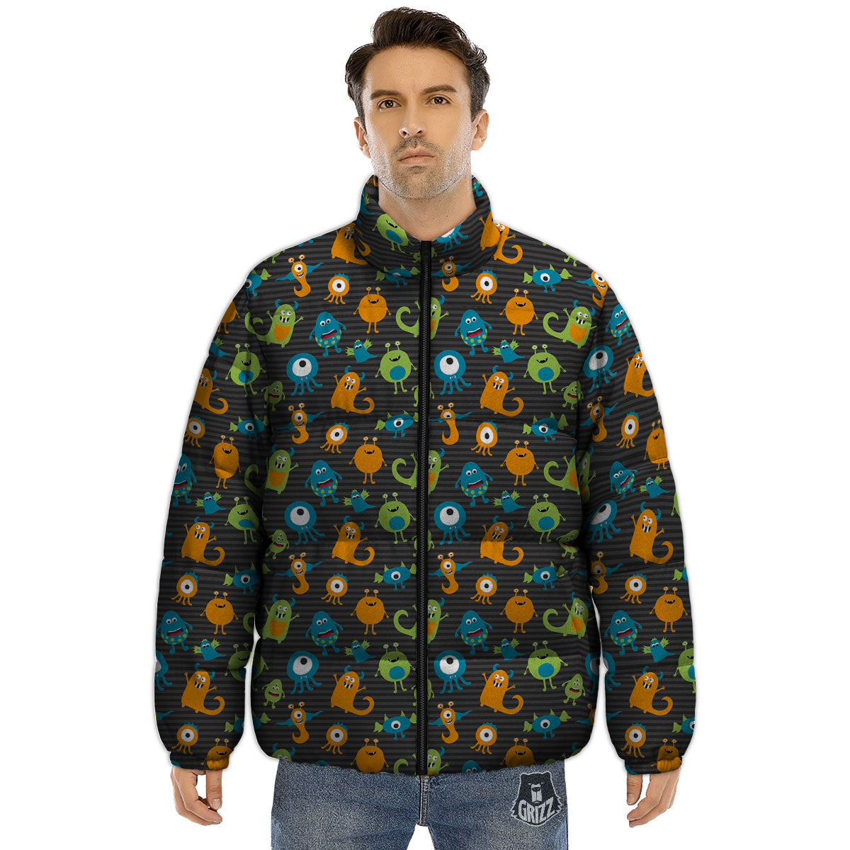 Alien Grey Striped Print Pattern Puffer Jacket-grizzshop