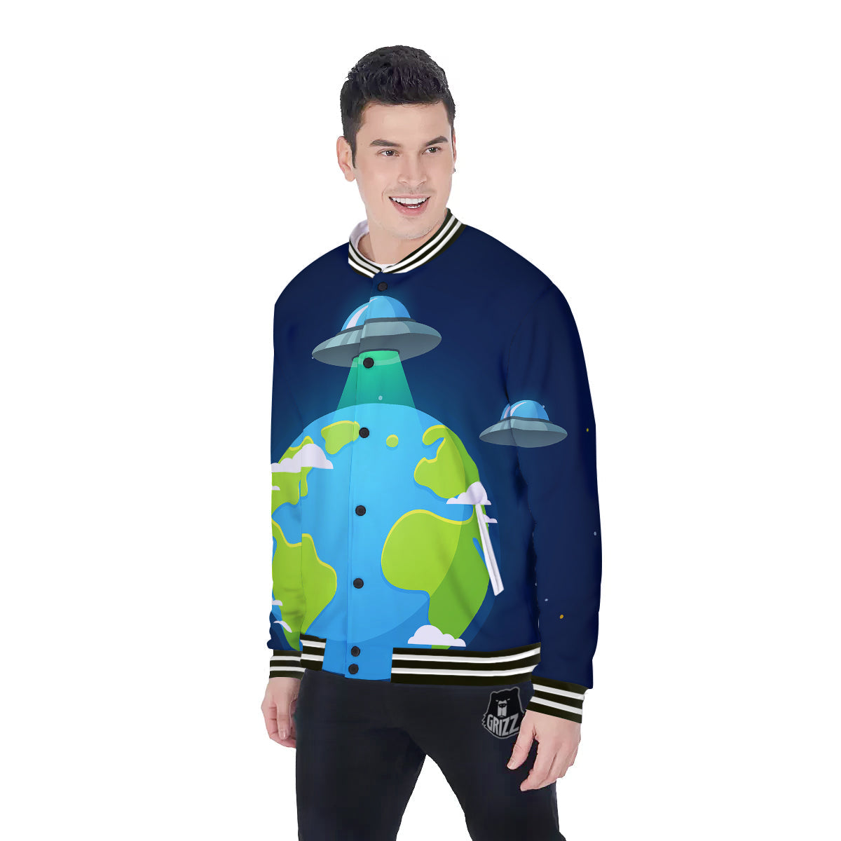 Alien Invasion And Earth Print Baseball Jacket-grizzshop