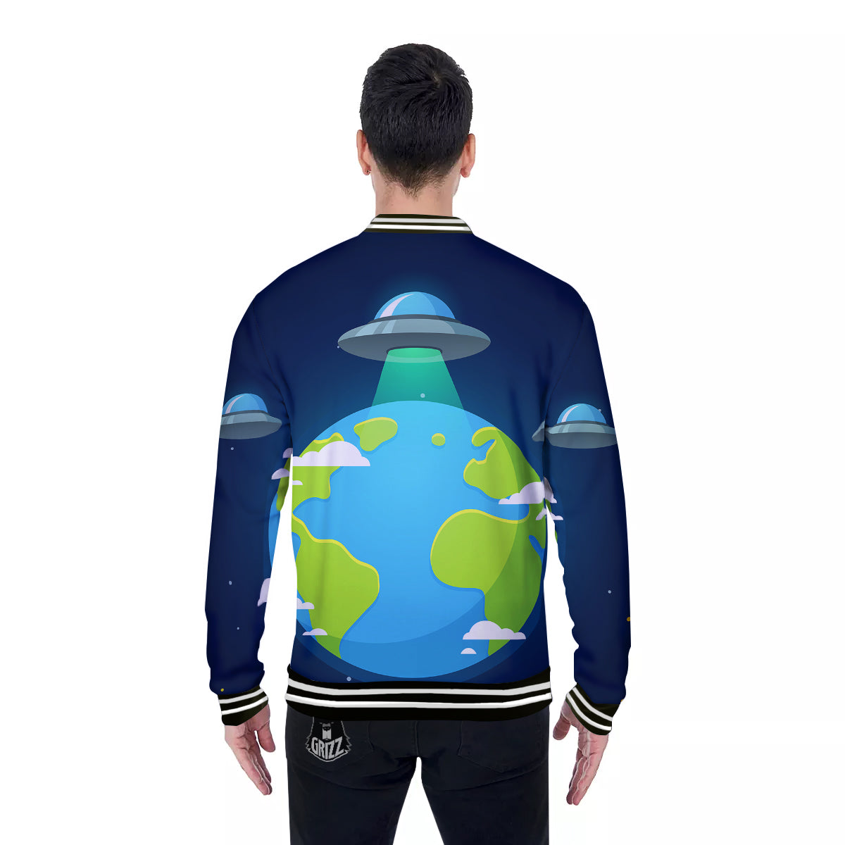 Alien Invasion And Earth Print Baseball Jacket-grizzshop