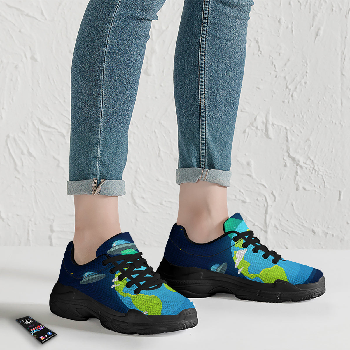 Alien Invasion And Earth Print Black Chunky Shoes-grizzshop