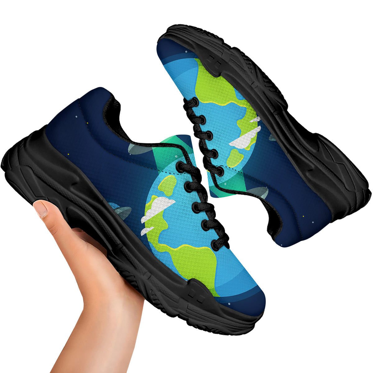 Alien Invasion And Earth Print Black Chunky Shoes-grizzshop