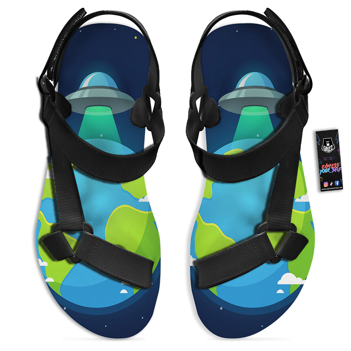 Alien Invasion And Earth Print Black Open Toe Sandals-grizzshop