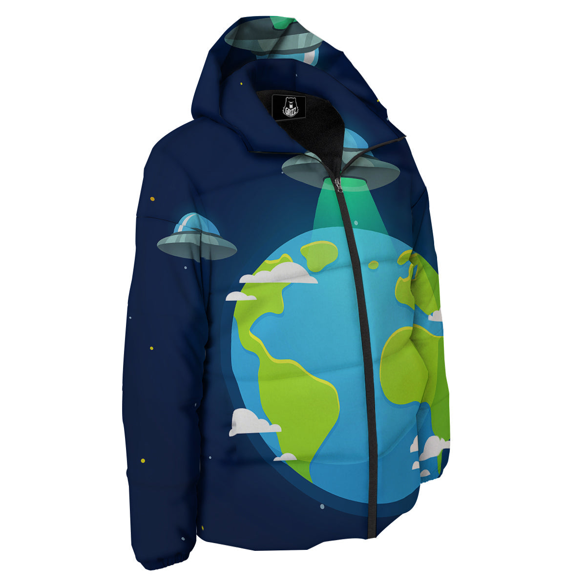 Alien Invasion And Earth Print Down Jacket-grizzshop