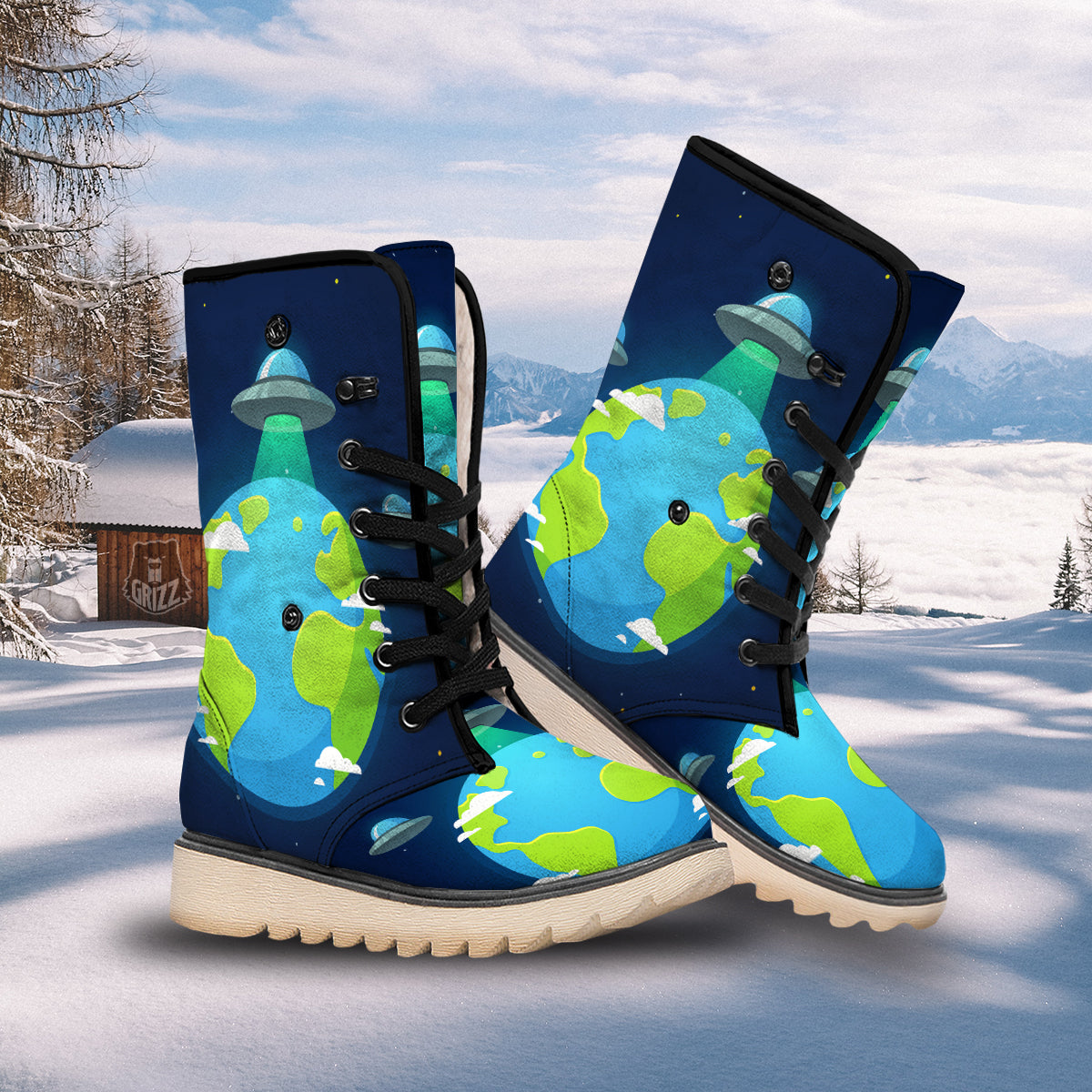 Alien Invasion And Earth Print Snow Boots-grizzshop