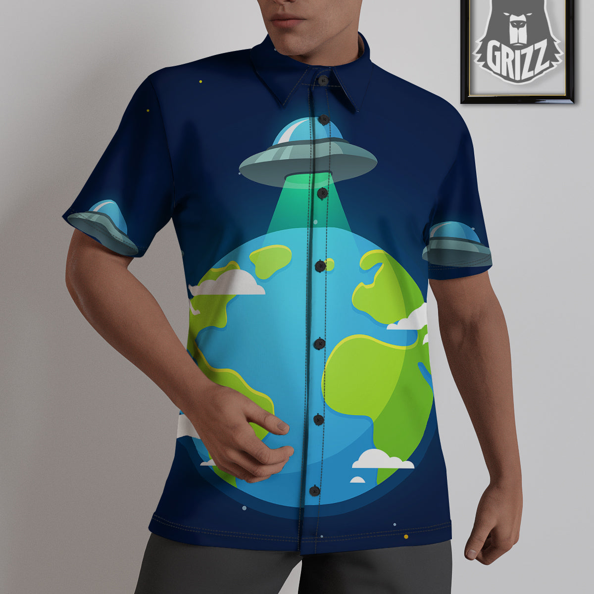 Alien Invasion And Earth Print Untucked Shirts-grizzshop