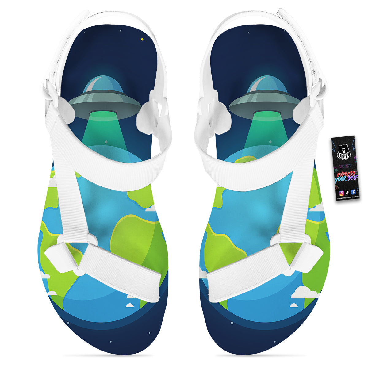Alien Invasion And Earth Print White Open Toe Sandals-grizzshop