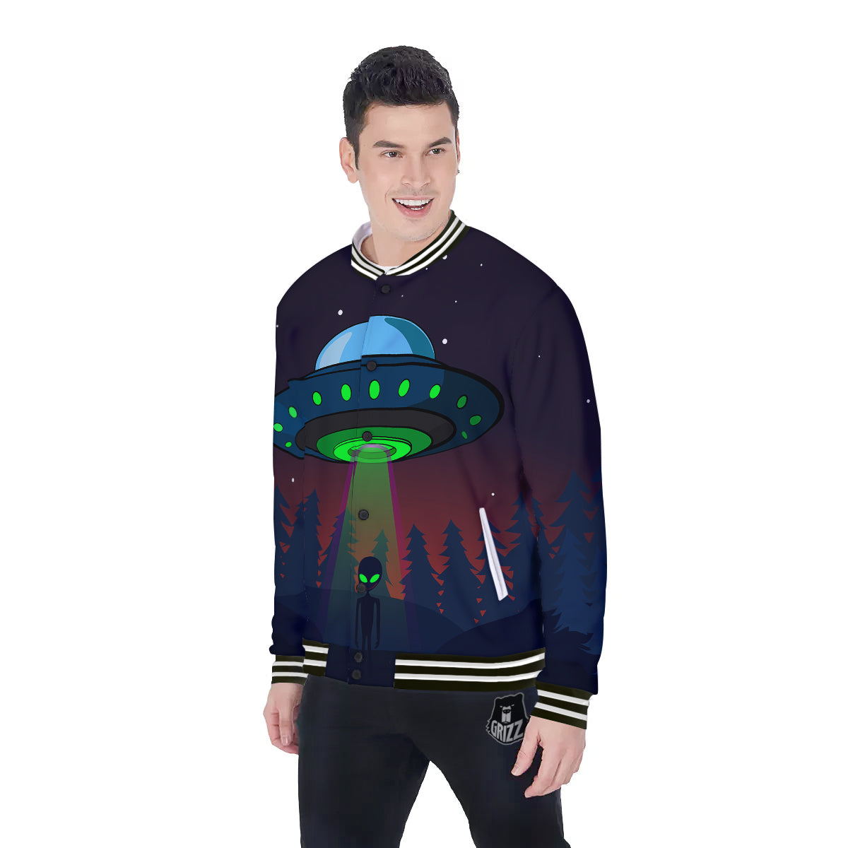 Alien Invasion On Earth Print Baseball Jacket-grizzshop