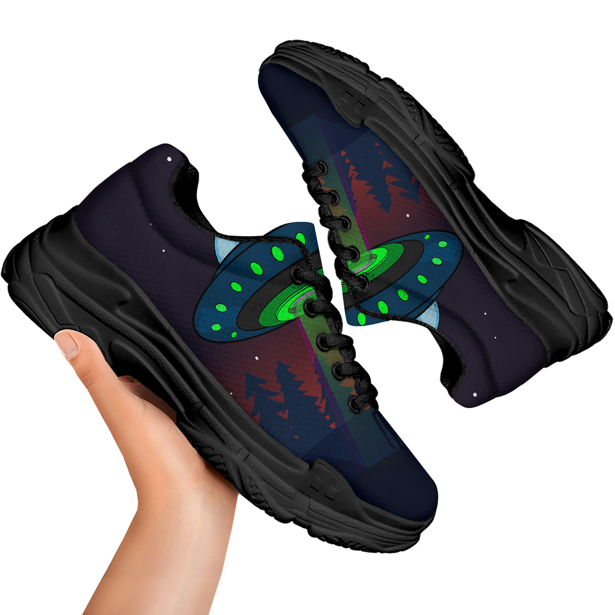 Alien Invasion On Earth Print Black Chunky Shoes-grizzshop