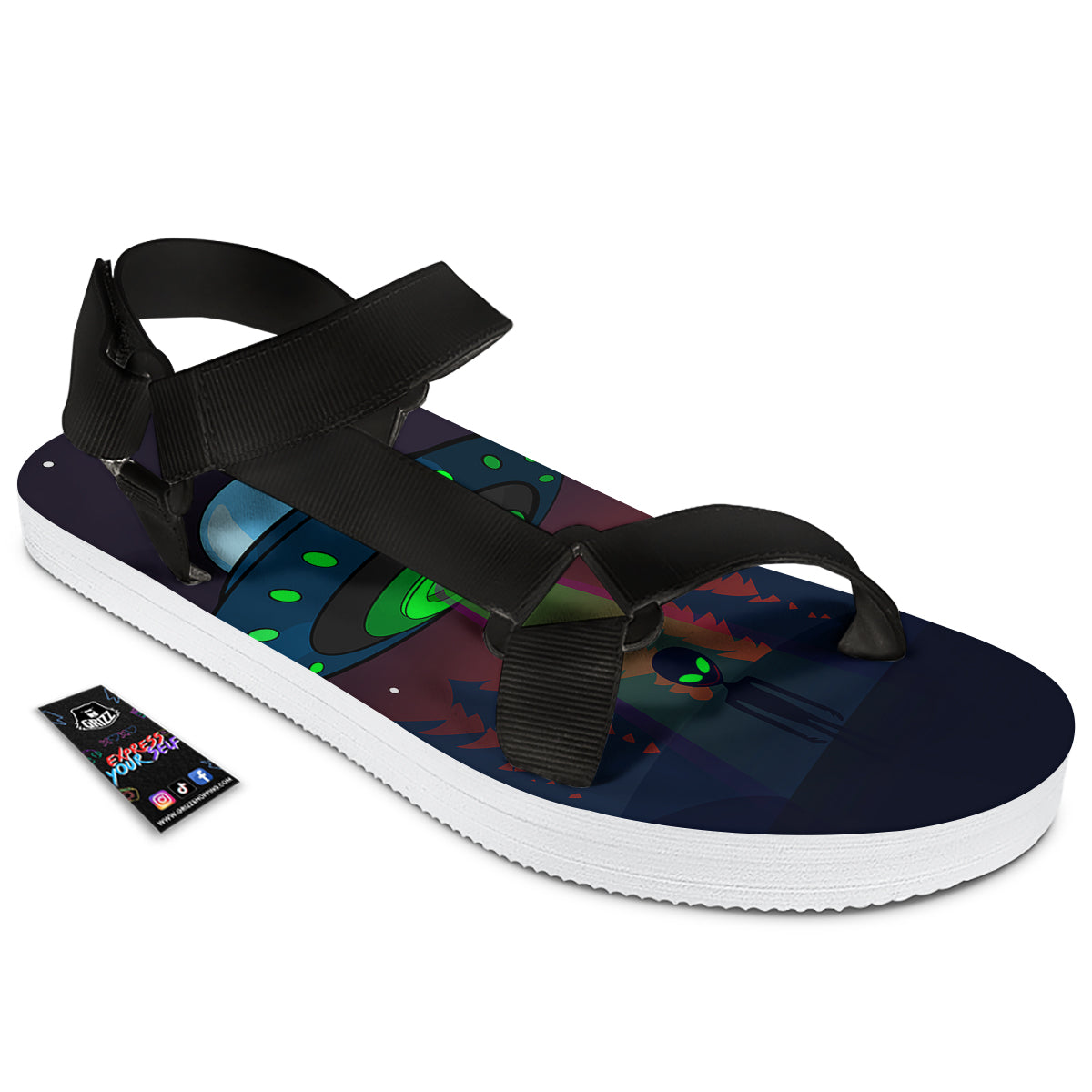 Alien Invasion On Earth Print Black Open Toe Sandals-grizzshop