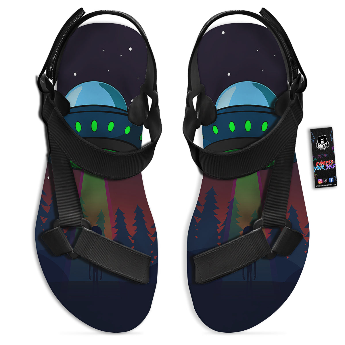 Alien Invasion On Earth Print Black Open Toe Sandals-grizzshop