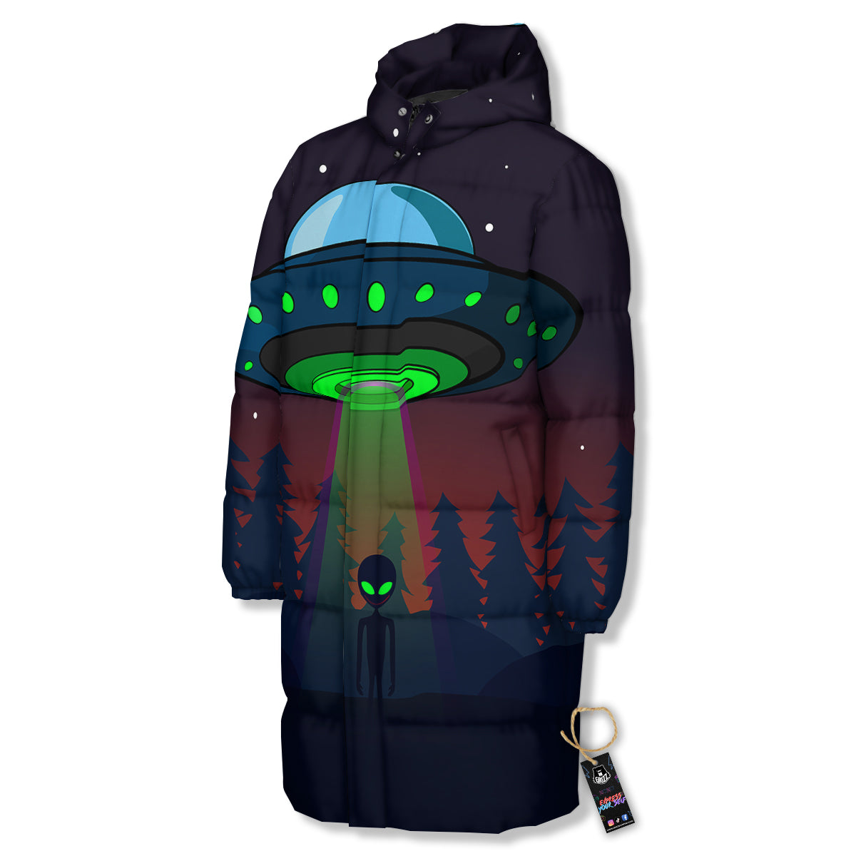 Alien Invasion On Earth Print Long Down Jacket-grizzshop