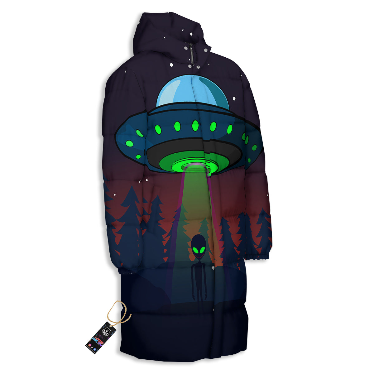 Alien Invasion On Earth Print Long Down Jacket-grizzshop