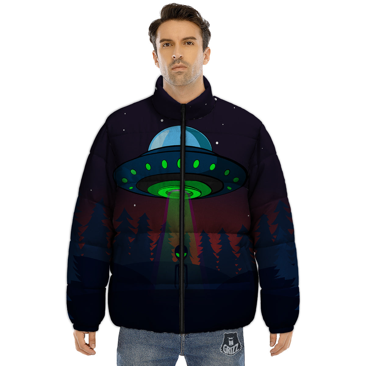 Alien Invasion On Earth Print Puffer Jacket-grizzshop