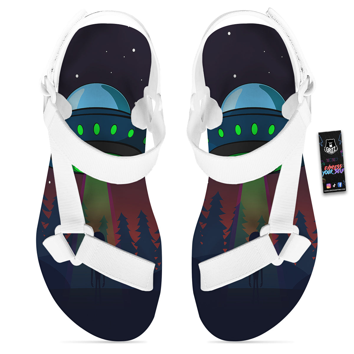 Alien Invasion On Earth Print White Open Toe Sandals-grizzshop