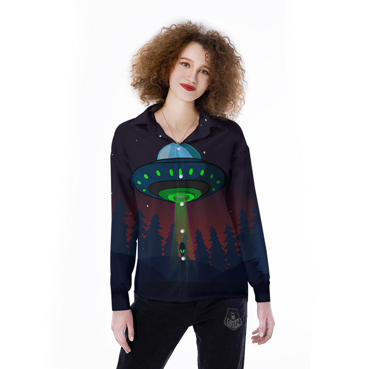 Alien Invasion On Earth Print Women's Long Sleeve Shirts-grizzshop
