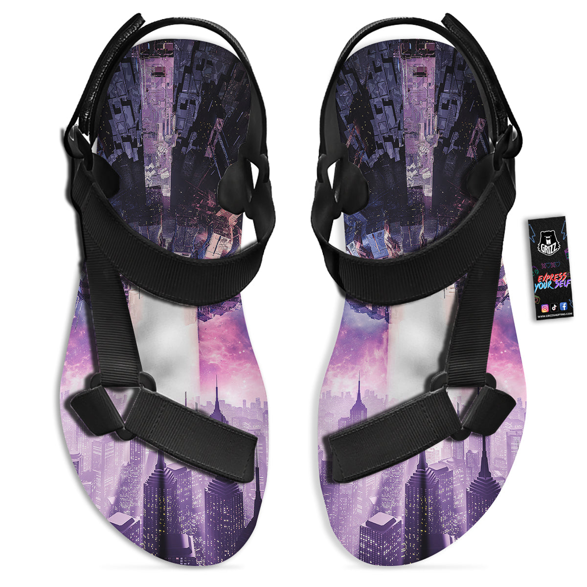 Alien Invasion Print Black Open Toe Sandals-grizzshop