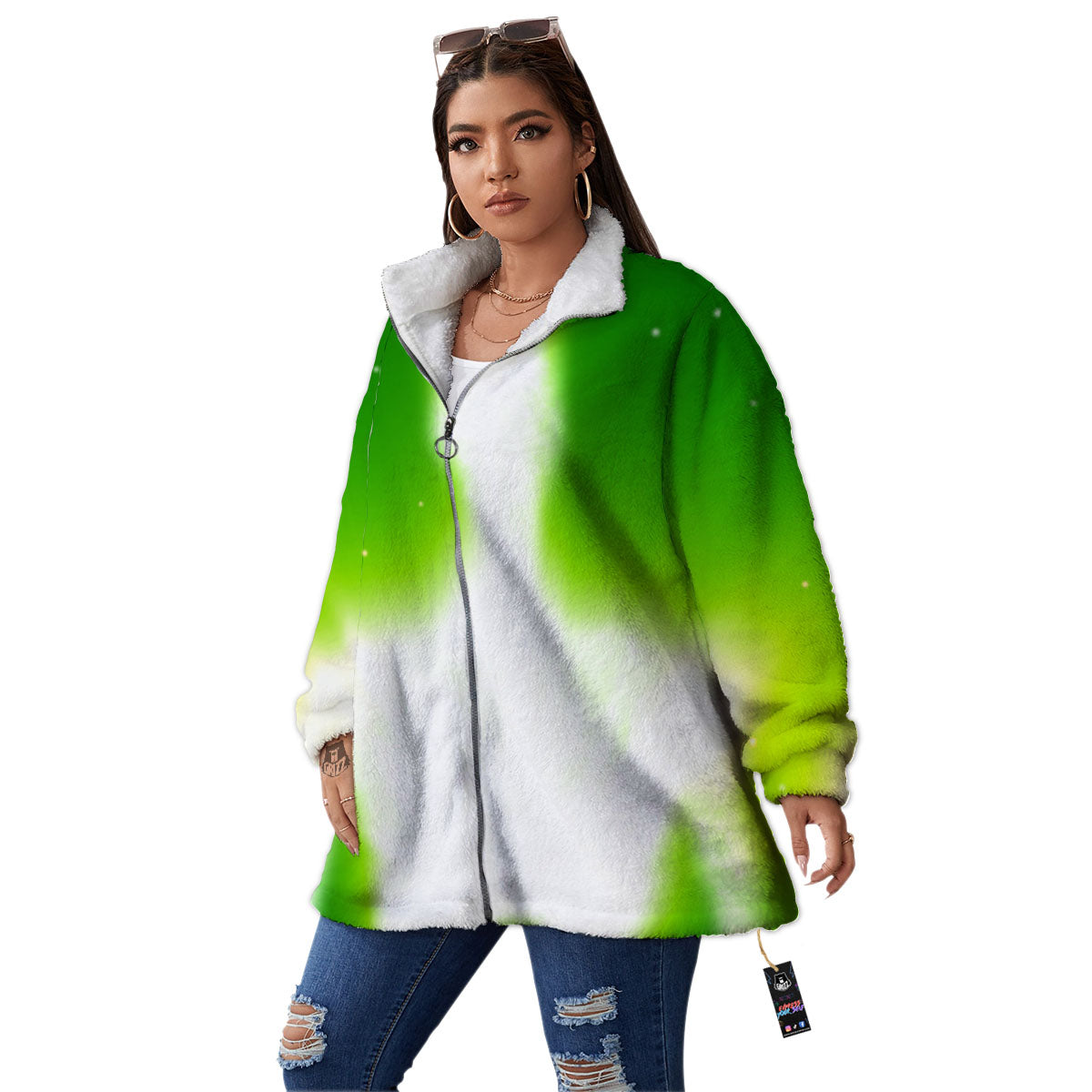 Alien Light Green Print Women's Sherpa Jacket-grizzshop