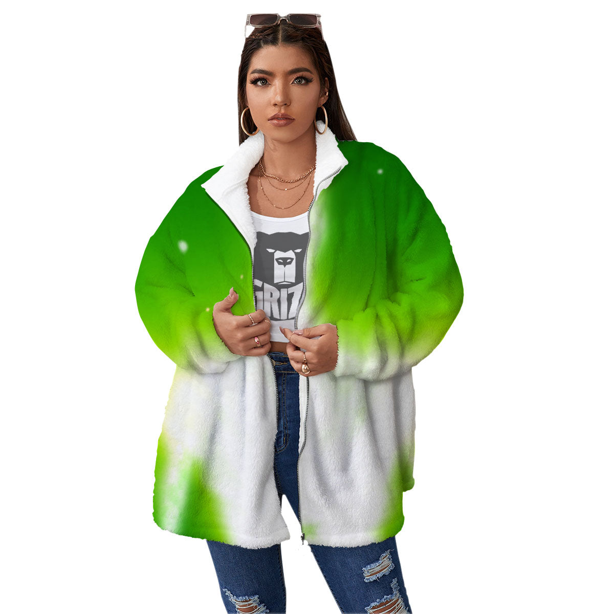 Alien Light Green Print Women's Sherpa Jacket-grizzshop