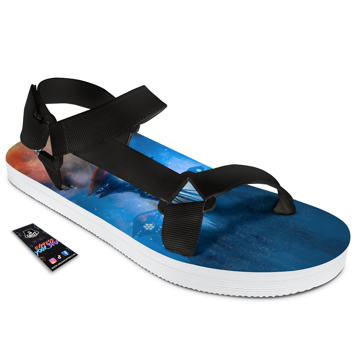 Alien Machines Print Black Open Toe Sandals-grizzshop