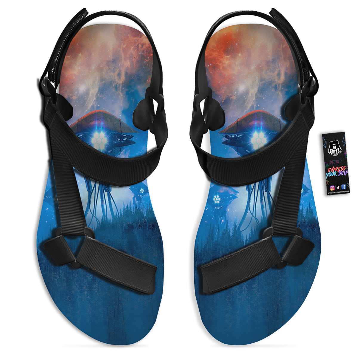 Alien Machines Print Black Open Toe Sandals-grizzshop