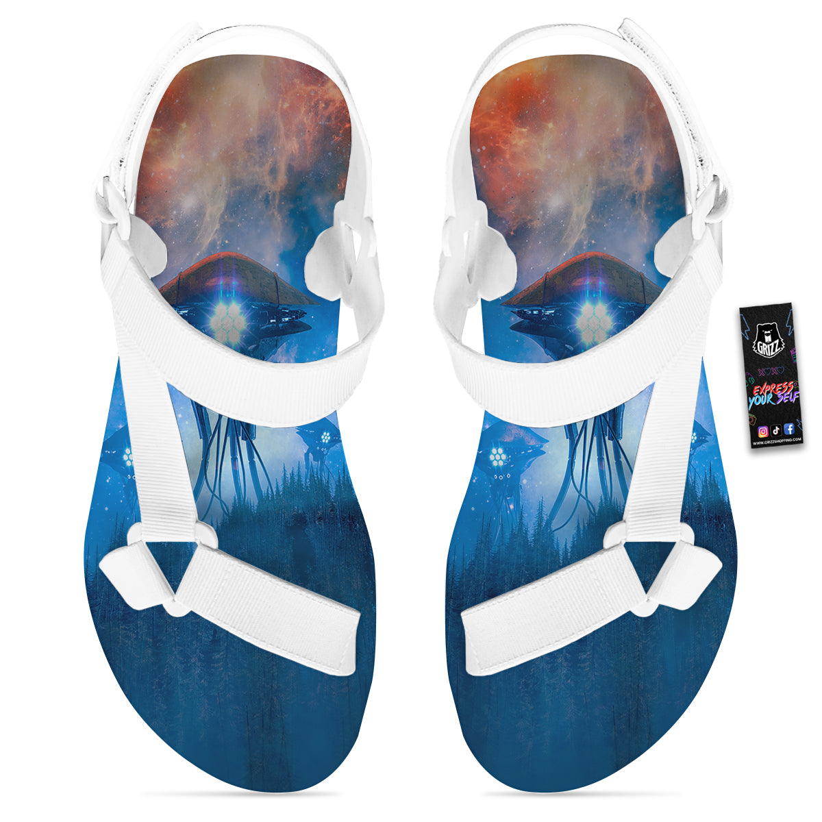 Alien Machines Print White Open Toe Sandals-grizzshop