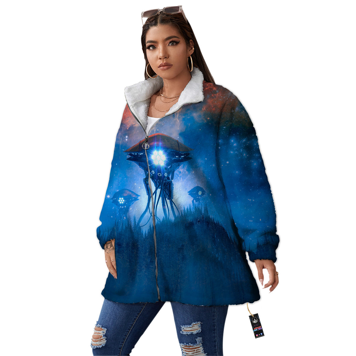 Alien Machines Print Women's Sherpa Jacket-grizzshop