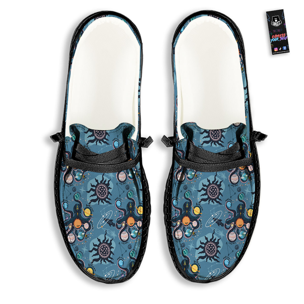 Alien On Planets Print Pattern Black Loafers-grizzshop