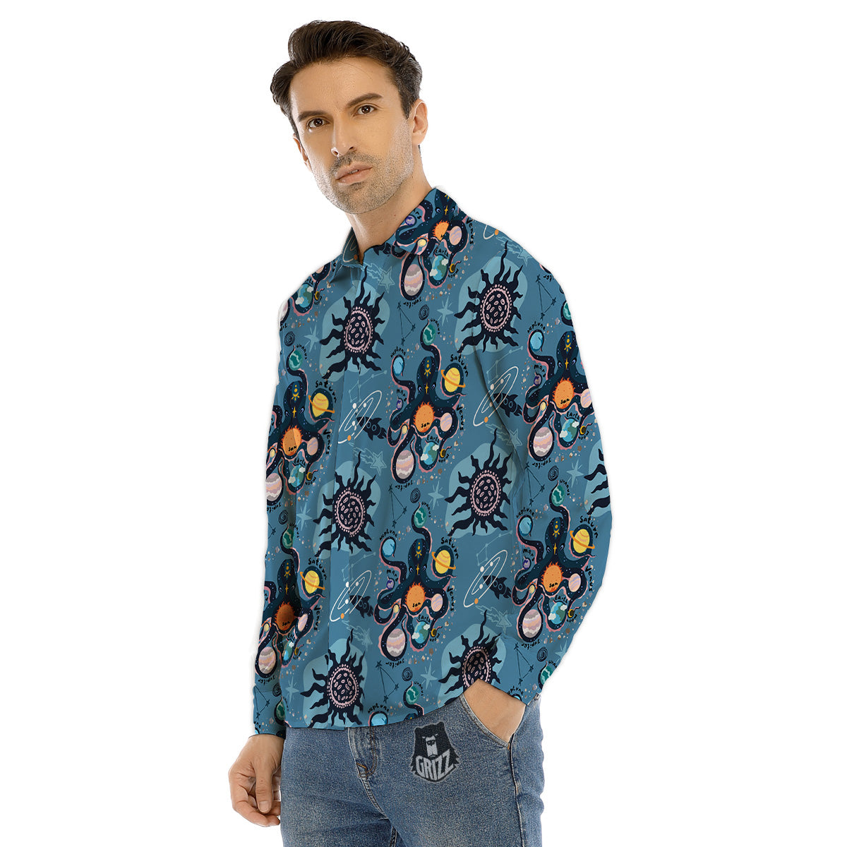 Alien On Planets Print Pattern Men's Dress Shirts-grizzshop