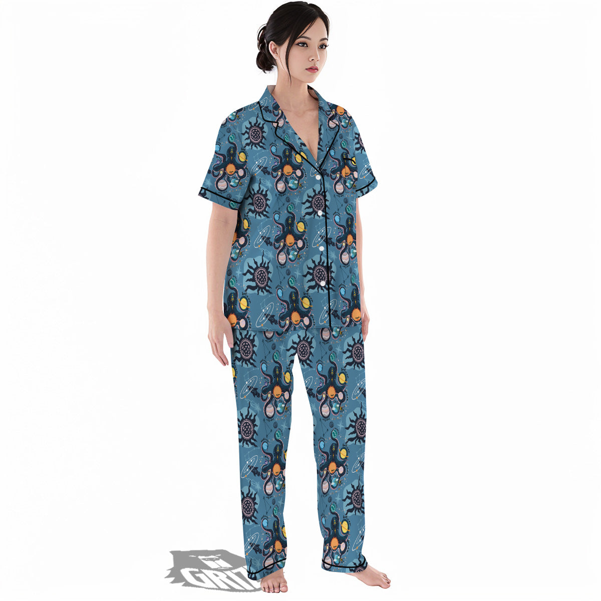 Alien On Planets Print Pattern Women's Pajamas Set-grizzshop