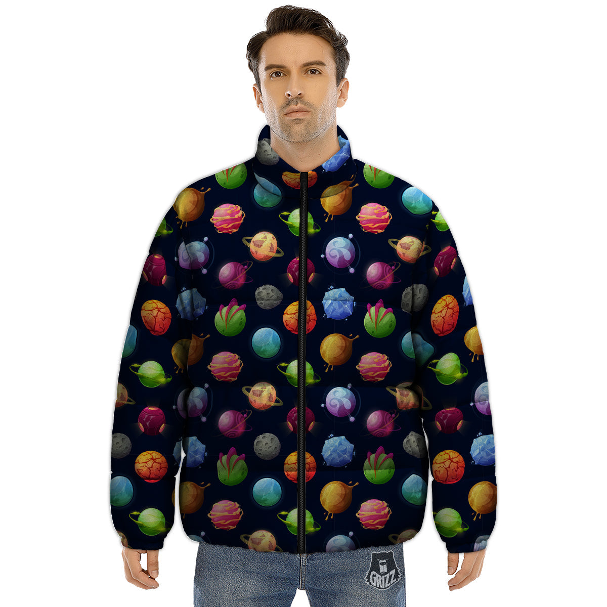 Alien Planets And Stars Print Pattern Puffer Jacket-grizzshop
