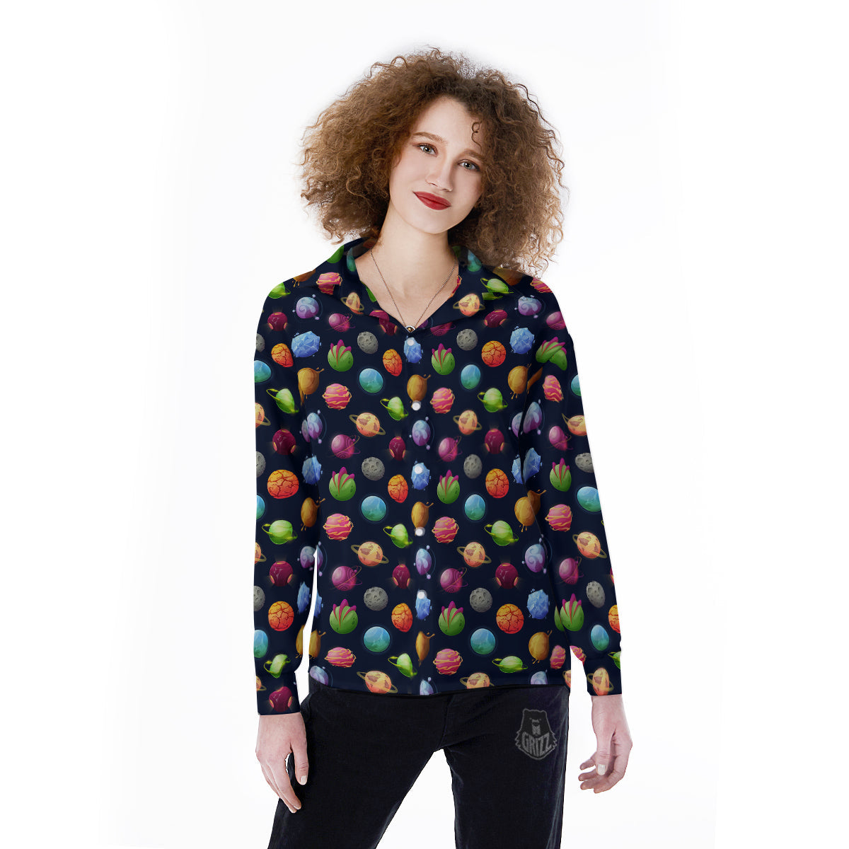 Alien Planets And Stars Print Pattern Women's Long Sleeve Shirts-grizzshop