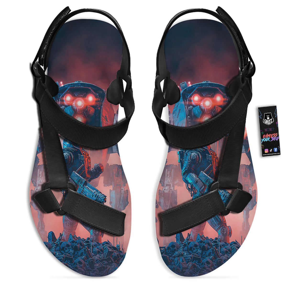 Alien Robot In the battlefield Black Open Toe Sandals-grizzshop