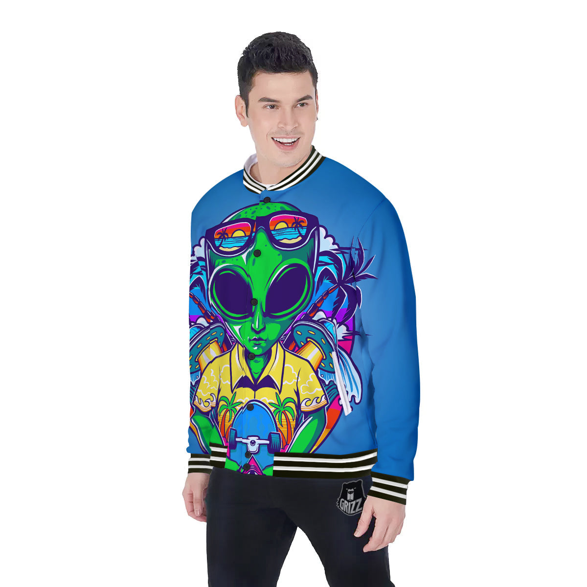 Alien Summer Beach Print Baseball Jacket-grizzshop
