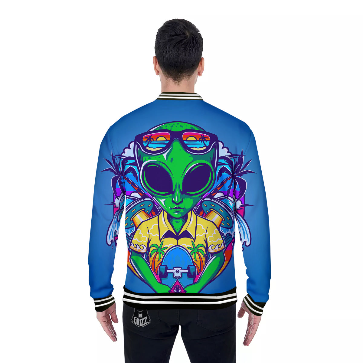 Alien Summer Beach Print Baseball Jacket-grizzshop