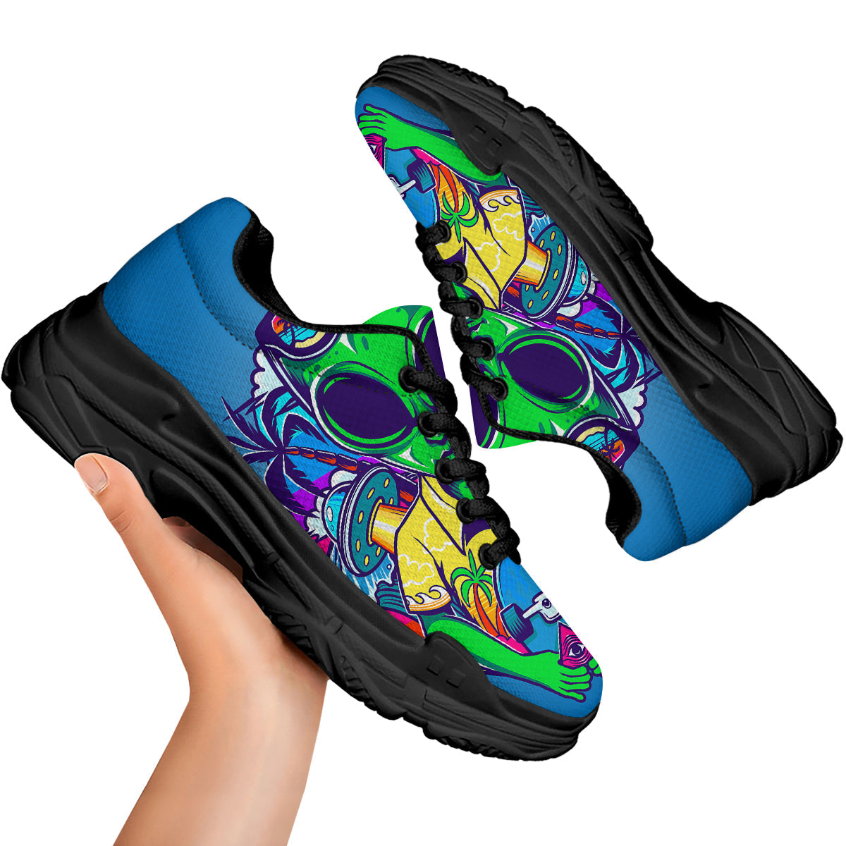 Alien Summer Beach Print Black Chunky Shoes-grizzshop