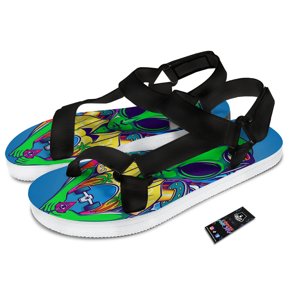 Alien Summer Beach Print Black Open Toe Sandals-grizzshop