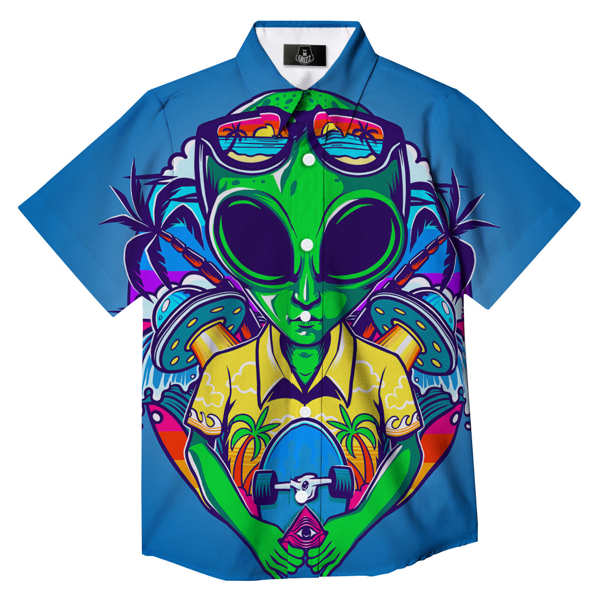 Alien Summer Beach Print Button Up Shirt-grizzshop