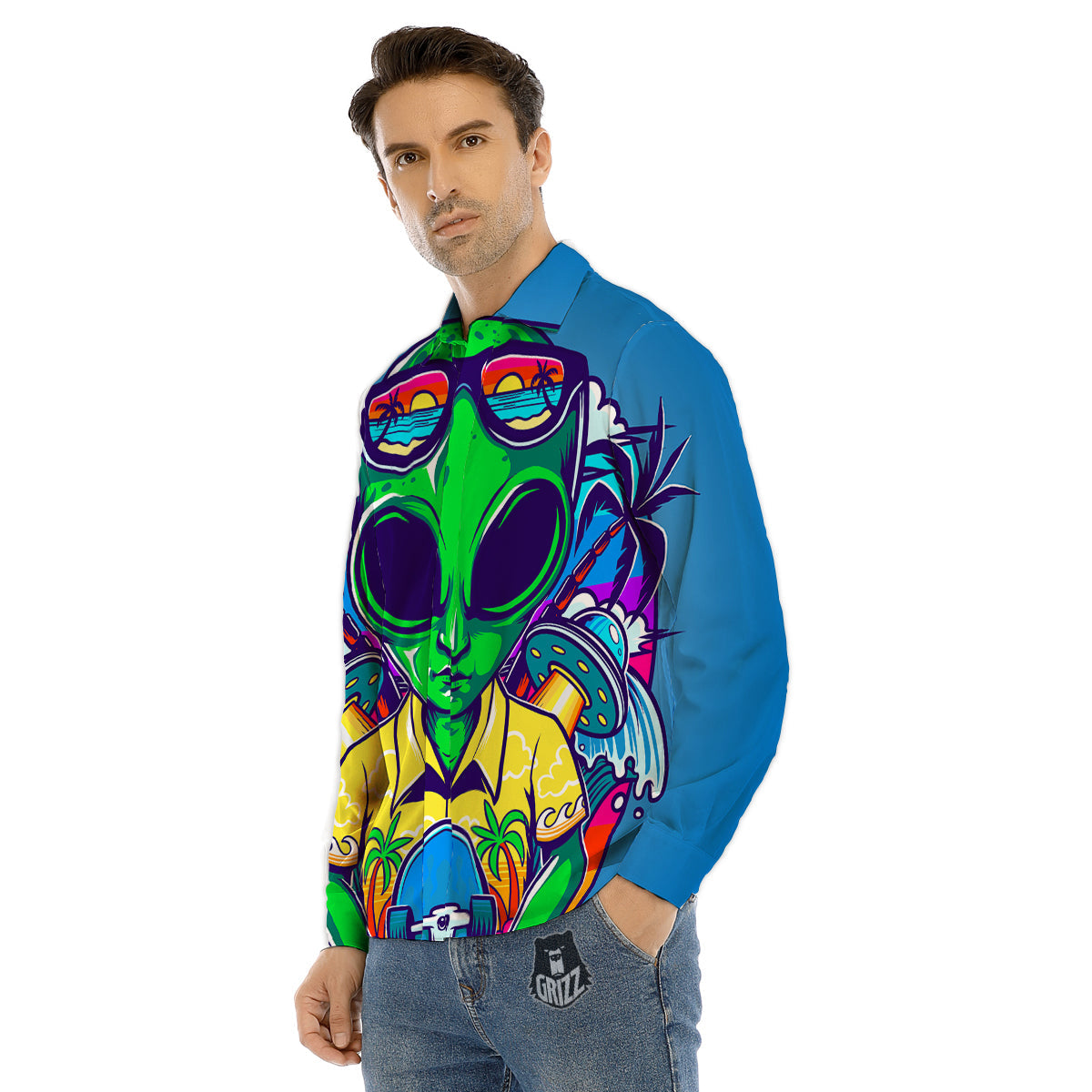 Alien Summer Beach Print Men's Dress Shirts-grizzshop