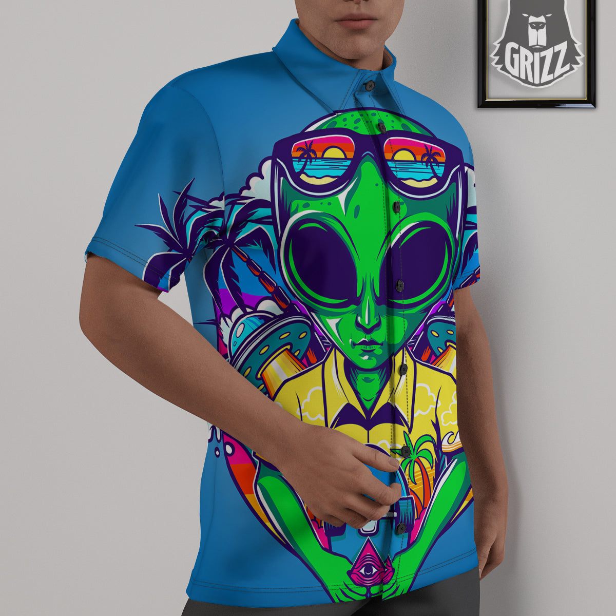 Alien Summer Beach Print Untucked Shirts-grizzshop