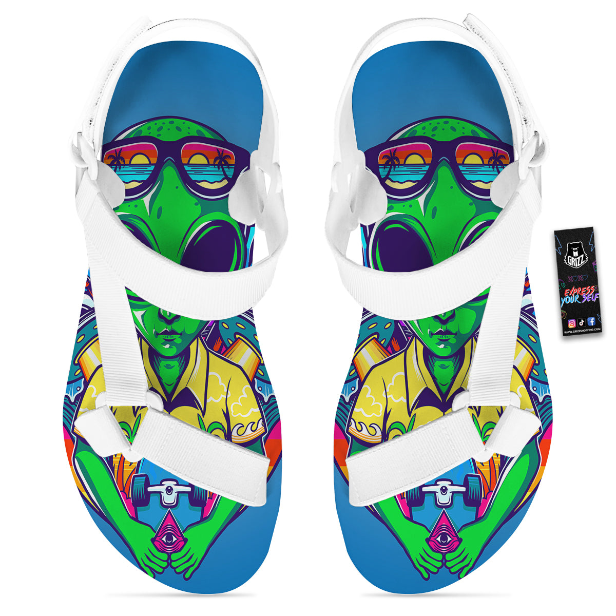 Alien Summer Beach Print White Open Toe Sandals-grizzshop