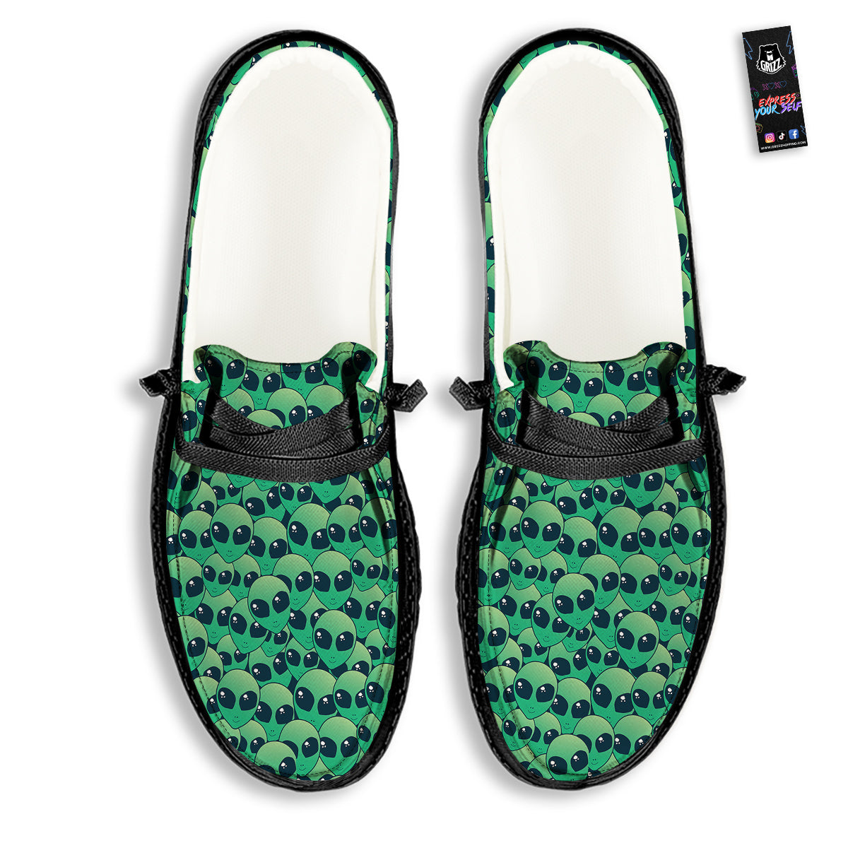 Alien UFO Green Cute Print Black Loafers-grizzshop
