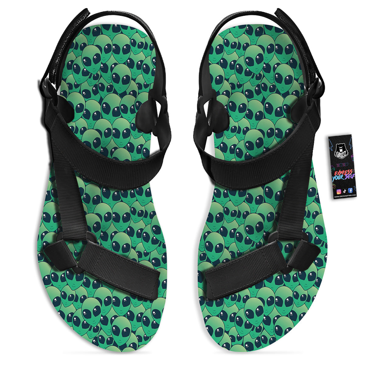 Alien UFO Green Cute Print Black Open Toe Sandals-grizzshop