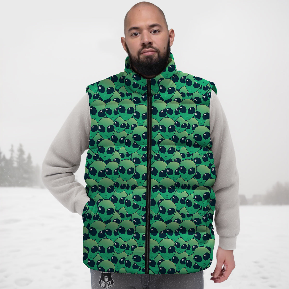 Alien UFO Green Cute Print Down Vest