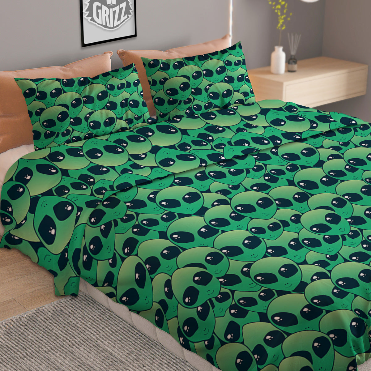 Alien UFO Green Cute Print Duvet Cover Bedding Set