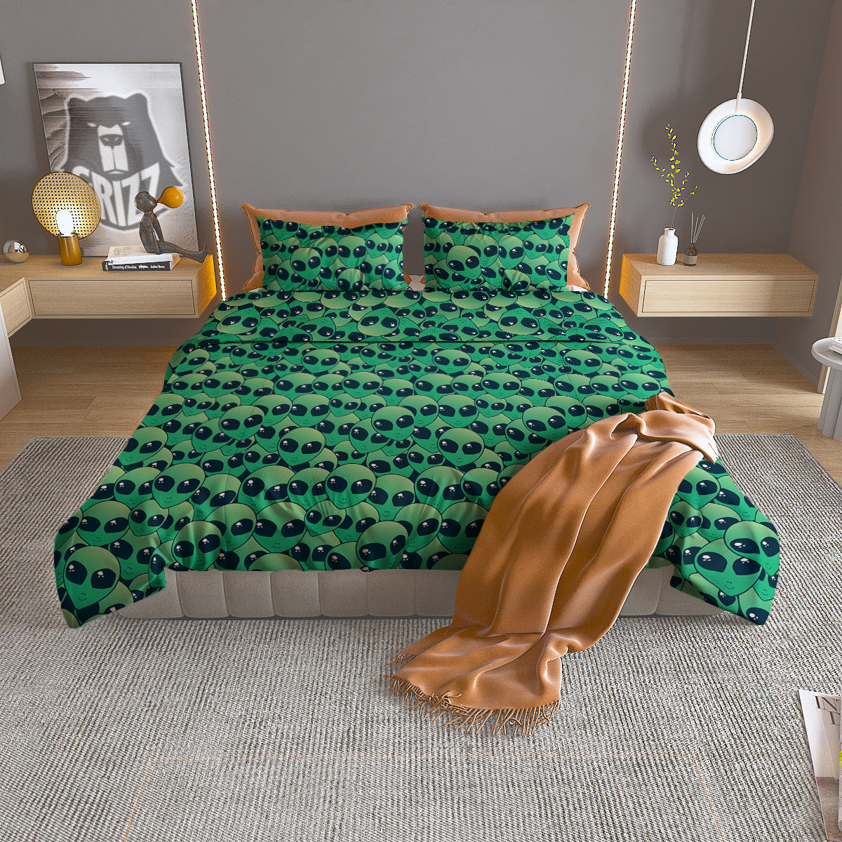 Alien UFO Green Cute Print Duvet Cover Bedding Set